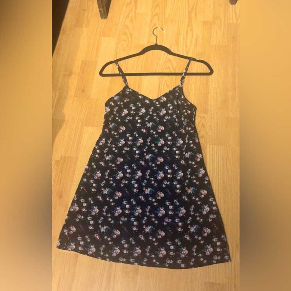 Black floral mini satin slip dress